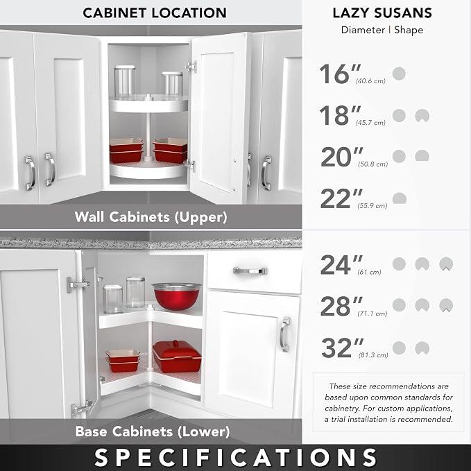Rev-A-Shelf 2 Tier Pie-Cut Lazy Susan for Corner Base Cabinets, Plastic, 24" Double Shelf Swivel Kitchen Spice/Can Organizer, 24" W x 14" D x 26" H, White, 6942-24-11-52