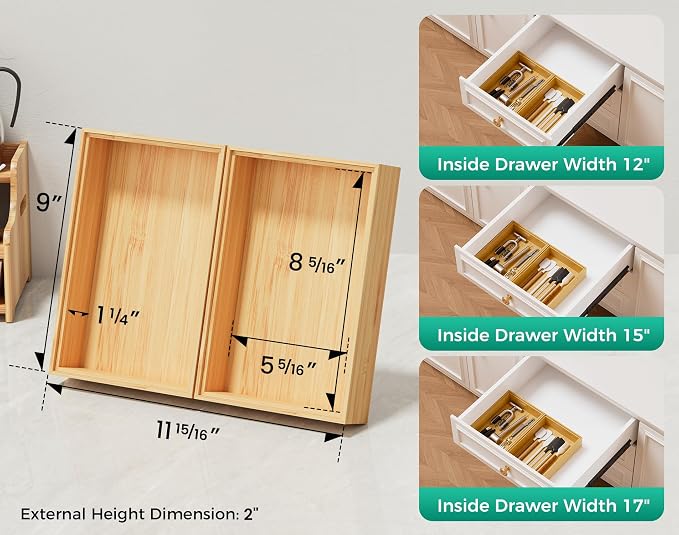 Bamboo Kitchen Drawer Organizer Boxes 9" x 6" Stackable Wooden Organizers | Set of 2 Wood Silverware Utensil Tray for Drawers Bins, Cutlery & Flatware Storage for Junk Drawer, Bathroom, RV