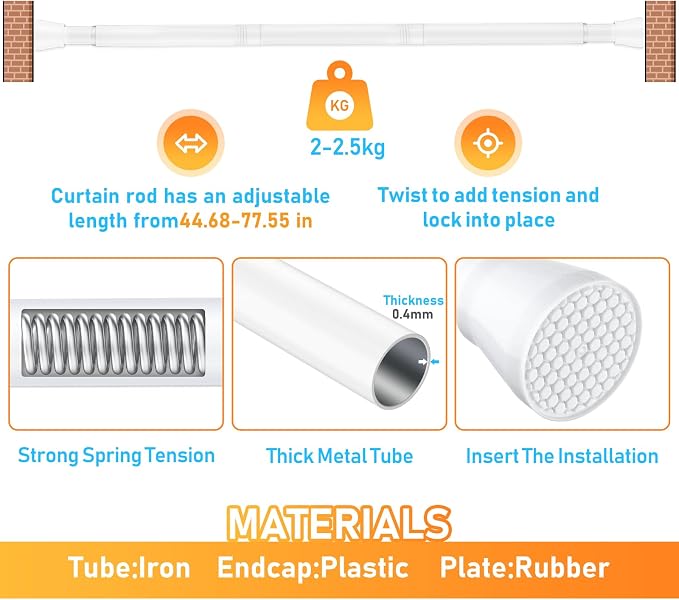 MEXAU Shower Curtain Rod 45-77 Inch White Shower Rod 7/8" Tension Curtain Rod Adjustable Curtain Rods No Drilling Shower Tension Rod Shower Curtain Tension Rod for Bathroom Windows Doorways