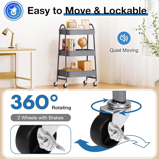 OLIXIS Metal Utility Cart, Mobile Rolling Storage Shelf with Lockable Caster Wheels, Organization for Livingroom, Bathroom & Narrow Places, 3 Tiers Gray