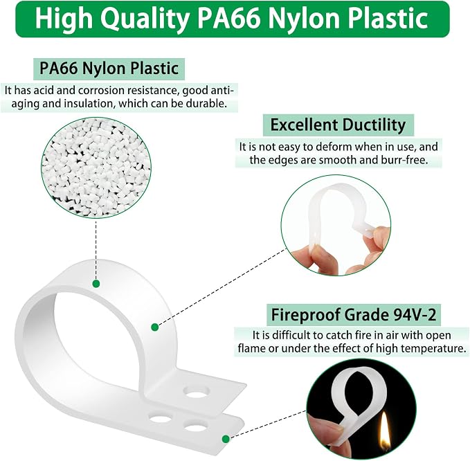 300 Pcs White R-Type Cable Clips, with M4 Screws Cord Organizer | Good Ductility, Fireproof, 6 Sizes (3/16'' 1/4'' 3/8'' 1/2'' 3/4'' 1''), 150pcs M4 Screws, for TV/PC/AC Cables & Wires.