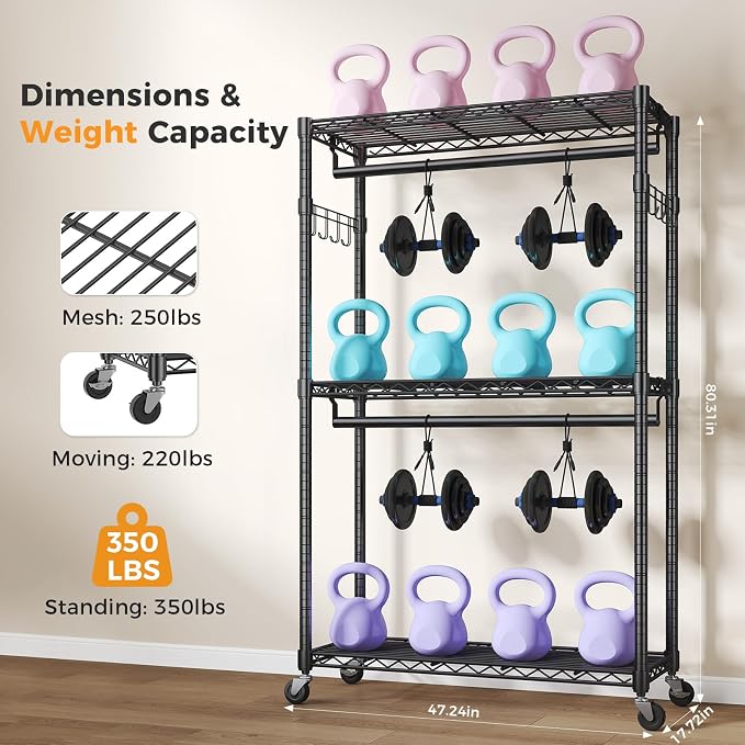 NEWBULIG Heavy Duty Clothing Rack with Wheels, 3-Tier Adjustable Wire Garment Rack, Metal Freestanding Closet Organizer System with Double Hanging Rods & 8 Side Hooks, 47"x17"x80", Black