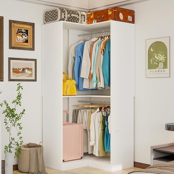 Vomavex Corner Closet System with 3 Hanging Rods, 30.8”-70.2” L Shaped Freestanding Closet Organizer for Walkin Closet, Corner Wardrobe, White