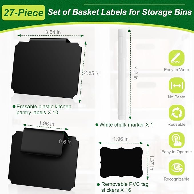 Basket Labels Clip On Set, Storage Bin Label, Clip-On Chalkboard Labels | Including 10 removable bucket label clips, 1 chalk marker, 16 stickers, Storage Bin Label for Basket Tags, Storage Bin Label