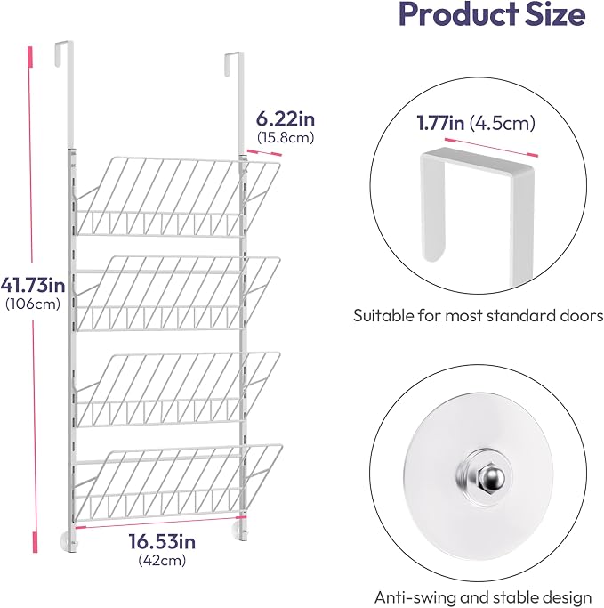 SWTYMIKI Over the Door Shoe Organizer - Adjustable 4 Tier Hanging Shoe Rack Organizer, Metal Heavy Duty Behind Door Storage or Wall Mount Shoes Shelf for Flats, Heels, Sneakers, Boots