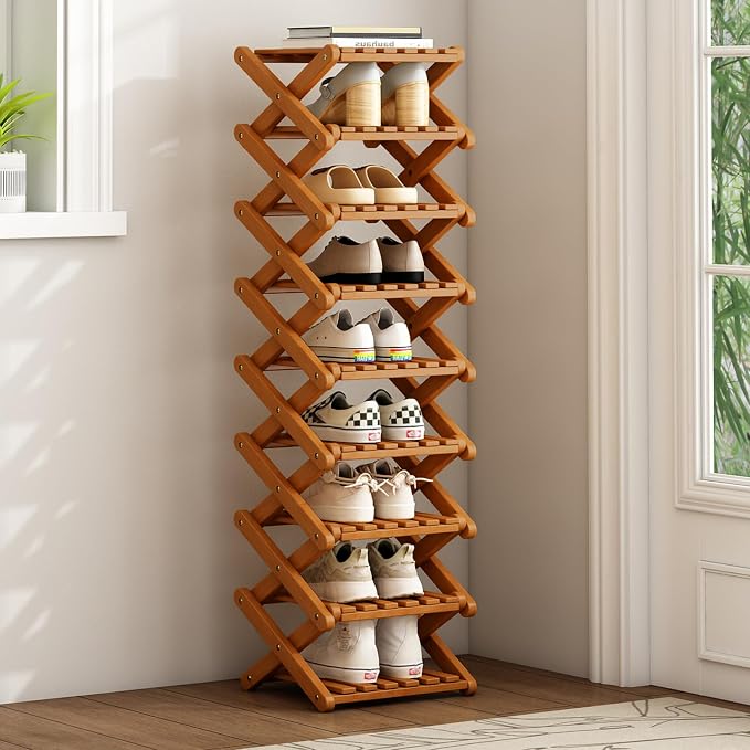 Bamboo Foldable Shoe Rack, 9 Tier Portable Shoe Storage Rack, Multi Functional Narrow Vertical Shoe Racks, Shoe Shelf for Entryway, Corner, Bedroom, Hallway, Balconies, Small Space