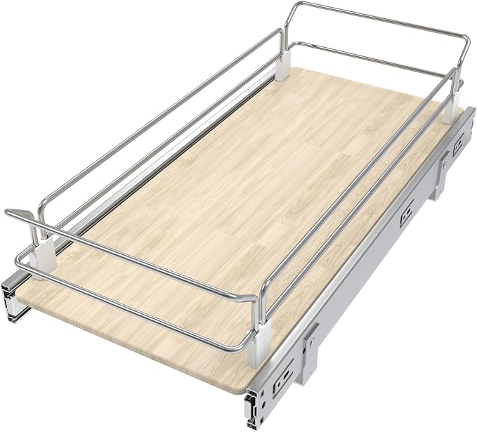 Pull Out Cabinet Organizer 10.87" W X 22" D, Wood & Chrome | Full Slide Out Drawers For Kitchen Cabinets, Cabinets Capacity Heavy Duty Caddy, Cabinet Pullout Shelves , Pantry Storage