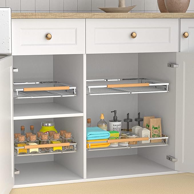 Expandable Sliding Basket, Pull-Out Cabinet Organizer, Heavy Duty Slide Out Pantry Shelves Sliding Drawer Storage for Kitchen, Under Sink, Wardrobe, 2 Pack Chrome 16.6''-27.8''W x 22''D
