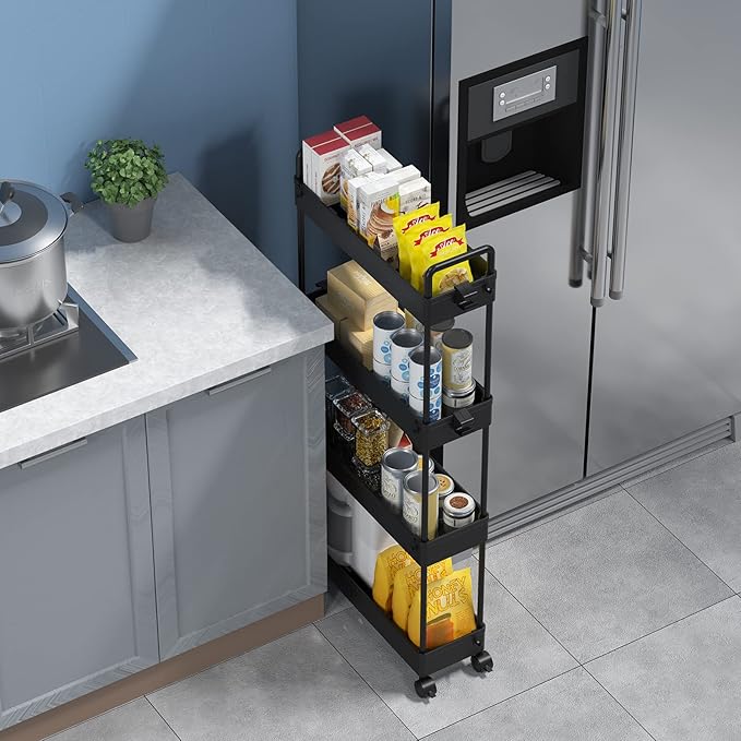 SOLEJAZZ Slim Rolling Storage Cart Skinny Bathroom Organizer, 4 Tier, Black | Thin utility cart with wheels for bathroom, laundry room, bedside, kitchen, dorm, office, next to fridge, small narrow places