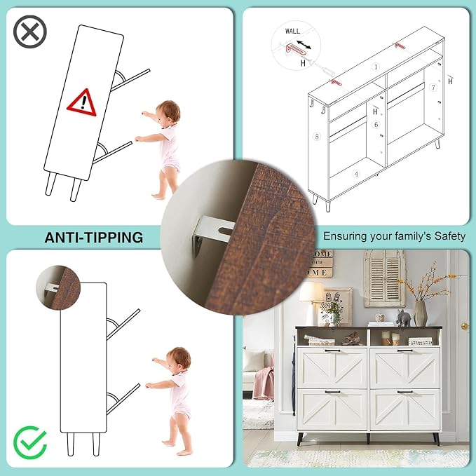 Barnyatoh Shoe Storage Cabinet,Farmhouse Shoe Organizer with 4 Flip Drawers & Barn Door Design,Freestanding Hidden Slim Narrow Shoe Rack with Open Shelves for Entryway,Foyer,Hallway,Antique White