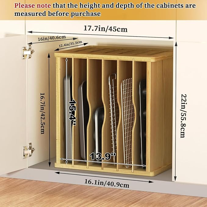 7 Tier Wooden Tray Dividers for Cabinets, Kitchen Cookie Sheet Organizer for Cabinet, Vertical pans, Baking trays, Cutting Board