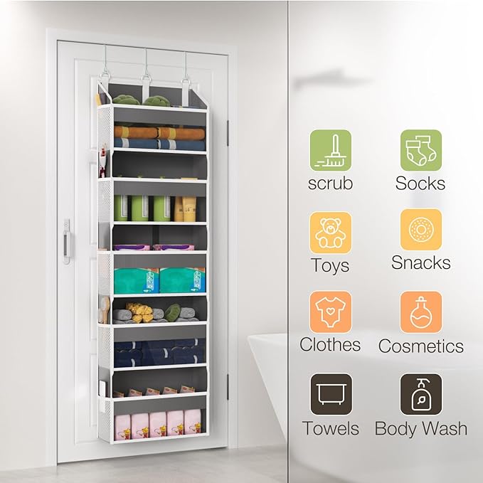 Over the Door Organizer with 5 Front & 10 Mesh Side Pockets, 50LB Capacity Extra Large Hanging Storage Organizer Multi-Room Space-Saving Design with 3 Hook for Closet, Bathroom, Kitchen, Pantry, Grey