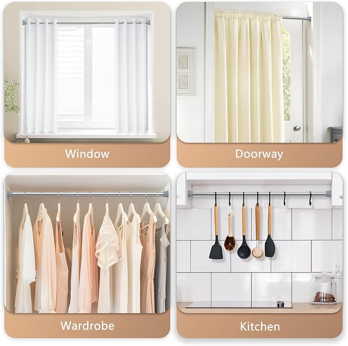 2PCS Silver Spring Curtain Rods for Windows 23 to 46 Inch, Adjustable Pressure Tension Curtain Rods No Drilling, Small Tension Rod for Doorway Closet Door Kitchen Curtain