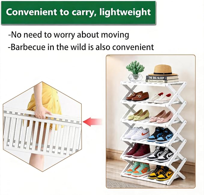 6 Tier Bamboo Shoe Rack White,Portable Folding Shoe Storage Rack,Without Installation Small Shoe Rack Perfect for Corridors, Drom, Bedrooms and Small Spaces