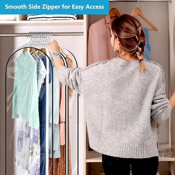 60" Clear Clothes Hangers with Smooth Side Zipper, 10" Gusseted Waterproof Garment Bags for Shirts, Coats, Dresses, Suits, 4 Pack