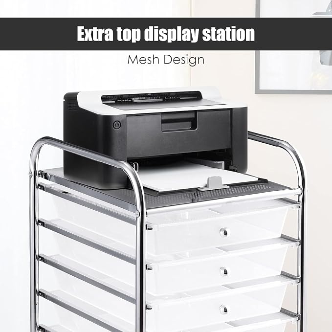 LDAILY 10-Drawer Rolling Storage Cart, Rolling Storage Cart, Storage Organizer on Wheels, Metal Frame, Scrapbook Paper Tools, Suitable for Office School, Classroom (Clear, 10 Drawer)