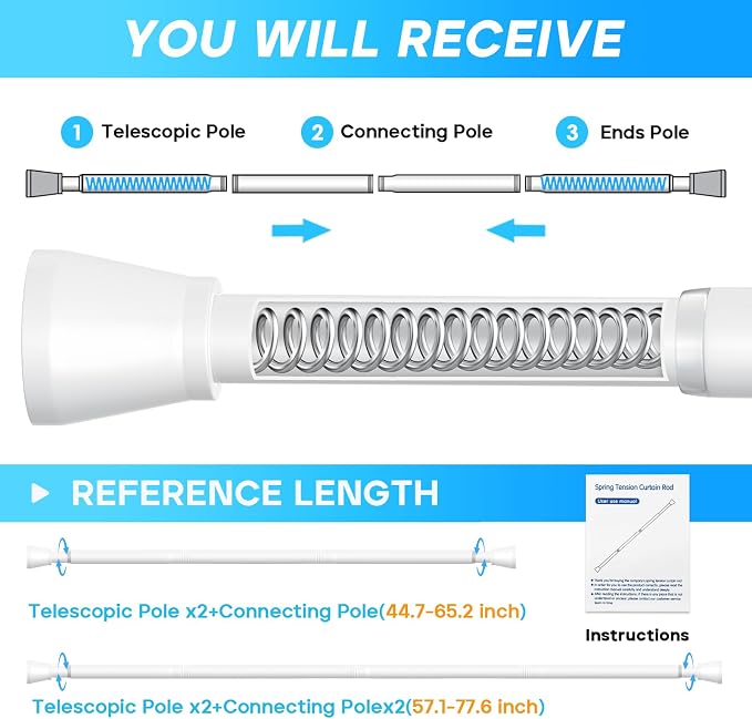 Shower Curtain Rod White Tension Rod 45 to 77 Inch Spring Curtain Shower rod Non Slip 1pcs for Windows No Drilling Adjustable Tension Rods of Curtain Window Closet Kitchen