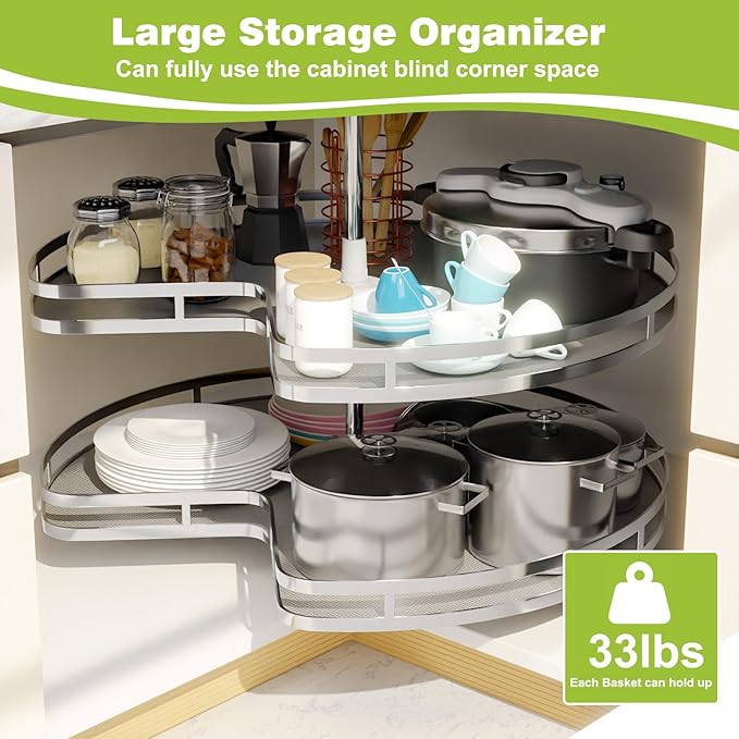 Blind Corner Cabinet Kidney Lazy Susan, Soft Close Rotary Cabinet Organizer 28inch, Corner Cabinet Lazy Susan for Blind Shelf, 2 Tiers Tray, Adjustable Height