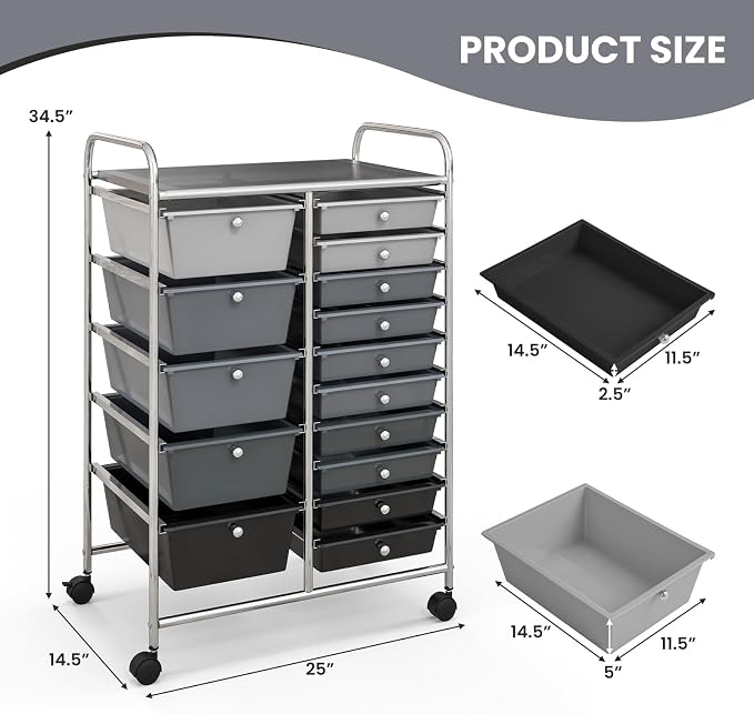 GOFLAME 15-Drawer Rolling Storage Cart, Craft Storage Cart with Removable Drawers & Lockable Wheels, Art Cart Supply Storage Organizer for Home Office Classroom, Gray Gradient