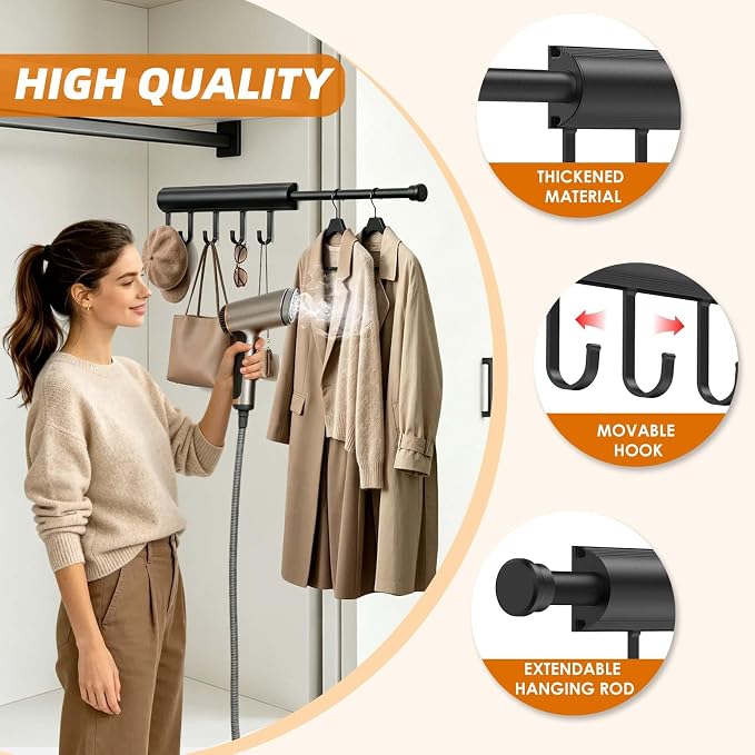 12 Inch Valet Rod for Closet Pull Out Heavy Duty Retractable Slide Out Closet Rod with 5 Hooks Space Saving Telescoping Clothes Hanger for Suits Laundry Room Wardrobe Black 1 Pack