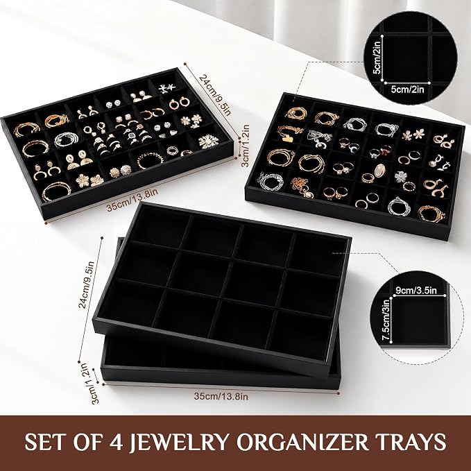 Unittype Set of 4 Stackable Jewelry Organizer Tray for Drawer Inserts Velvet Necklace Earring Bracelet Ring Holder Jewelry Display Storage Box for Bangle Stud Necklace Ring(24+12 Grid,Black)