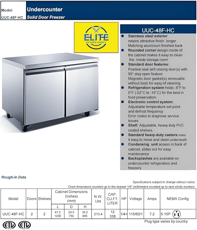 Commercial Undercounter Freezer, ETL 2-Door 47.1" W 12.1 Cu. Ft. Stainless Steel, 2 shelves, -8°F to 0°F, 115V/60HZ Restaurant CD-48UCF-2