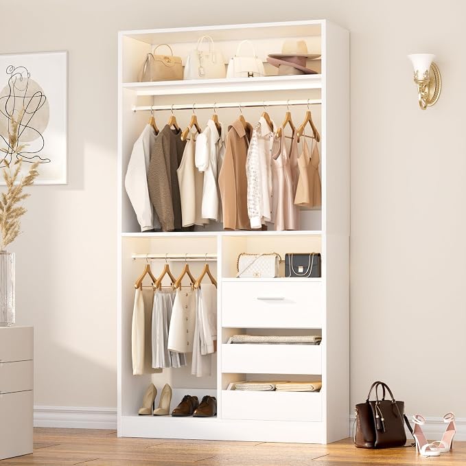 36 Inches Modular Closet Drawers System with Long Hanging Rods, 3FT Wood Closet Organiser with 3 Drawers, Walk-in Freestanding Wardrobe Storage Cabinet with 4 Shelves, White (36"L x 15" W x 80" H)