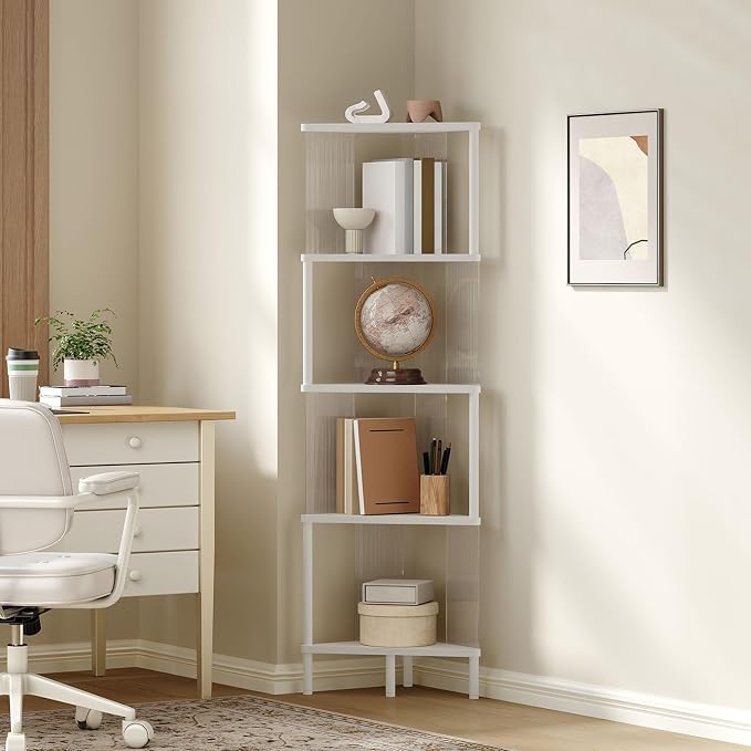 YATINEY 5-Tier Corner Shelf, Corner Bookshelf for Small Space, White CJ12WW | Freestanding Corner Shelf Stand, 5-Tier, 50.2" Tall, Small Bookcase, Clear Acrylic Sides, for Living Room, Bedroom
