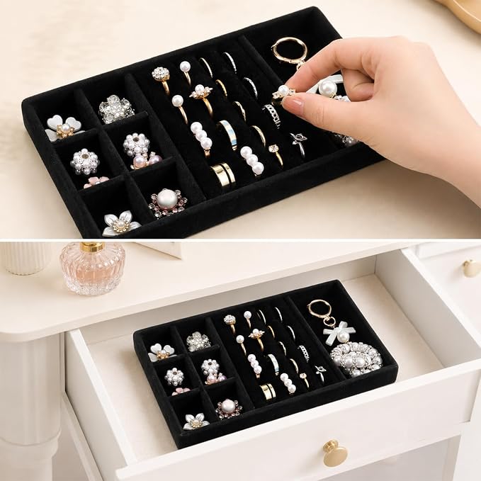 Jewelry Drawer Organizer Inserts Black Velvet Jewelry Tray Stackable Insert | Jewelry-Organizers and Storage for Drawers Drawer Inserts Earring Organizer for Women Storage Display Rings Stud Necklaces