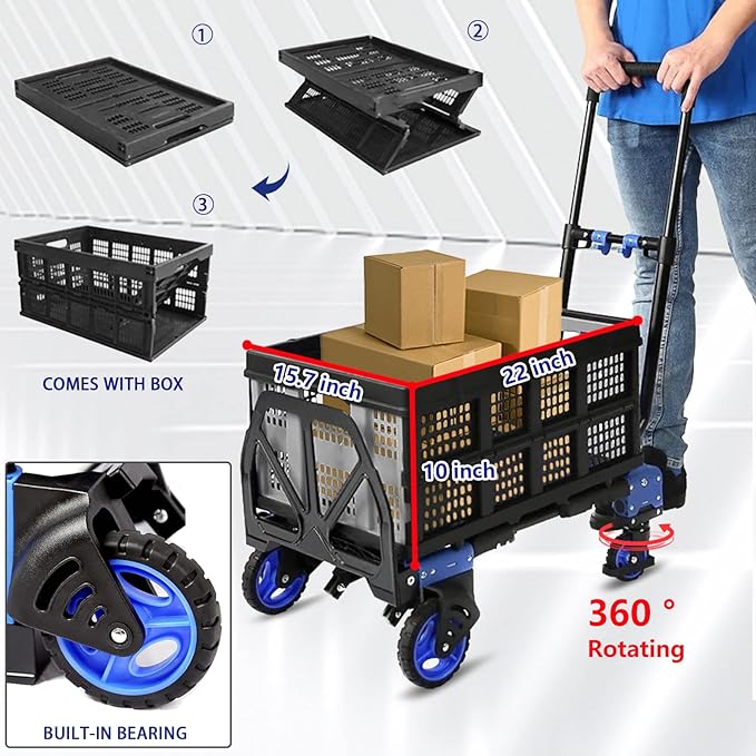 Folding Hand Truck Dolly with Folding Basket, 330LBS Capacity Carts with Wheels 2 in 1 Platform Truck, Push Cart Dolly with 4 Wheels and Retractable Handle