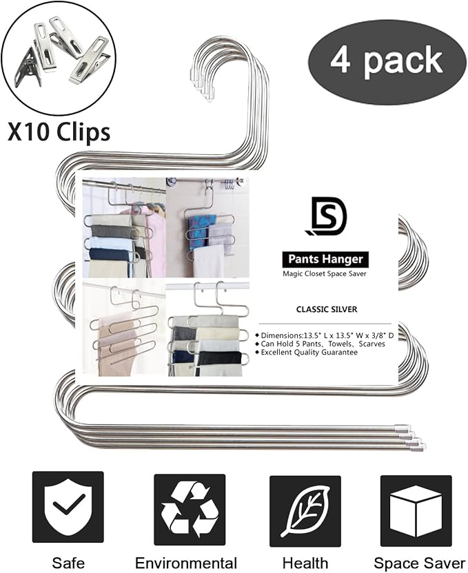 devesanter Pants Hangers Non-Slip S-Shape 4 Pack Trousers Hangers Stainless Steel Clothes Hangers Closet Storage Organizer for Pants Jeans Scarf (4 Pack with 10 Clips)