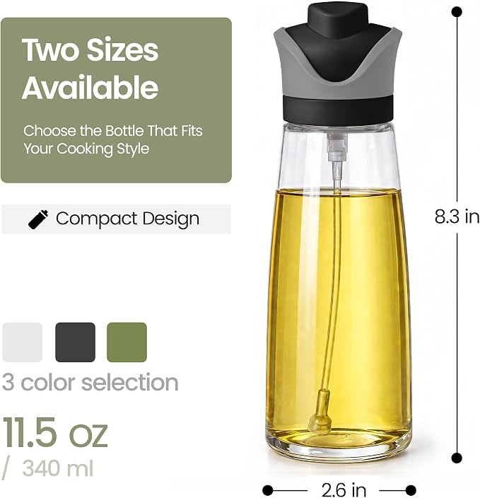 DWËLLZA KITCHEN Olive Oil Dispenser for Kitchen 2-in-1 Pour and Spray | 11.5 oz / 340 ml | Glass Olive Oil Sprayer for Cooking, Airfryer, Salad & BBQ | Set of 2 Bottles, Black