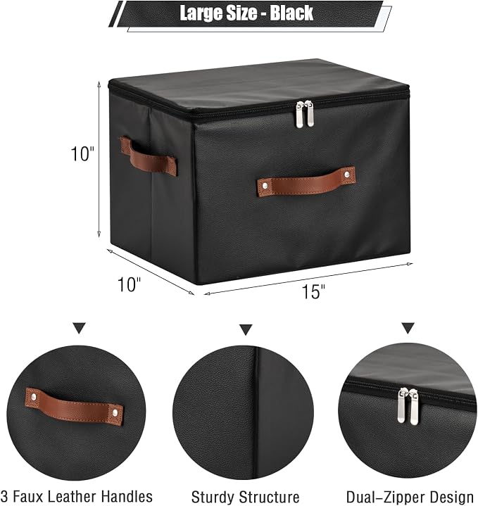 2PCS Storage Bins with Zipper Lid PU leather Storage Boxes Leather Fabric Collapsible Lidded Baskets Cube with Handle Decorative Shelves Closet Office Organizer Container(Black, Large Size)