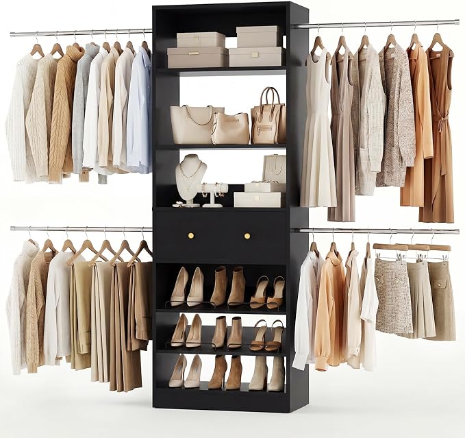 Armocity Wood Closet Organizer System - 4FT-9FT Expandable Wardrobe Closet with Drawer & 4 Hanging Rods, Heavy Duty Walk-in Closet 1000Lbs for Bedroom Walk-in Closet, Black