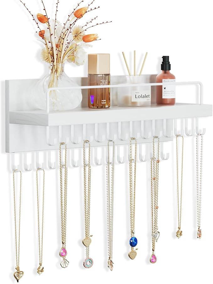 Lolalet Necklace Holder for Wall, Hanging Jewelry Organizer -White | 28 Hooks Wooden Wall Mount Jewelry Organizer with Perfume Shelf, Holds Necklaces, Bracelets & Accessories, Tangle-Free