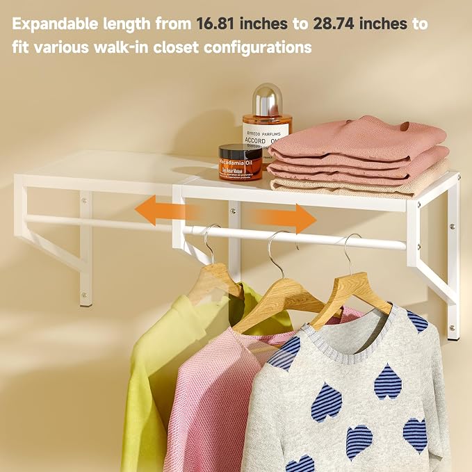 ThreeHio Expandable Closet Shelves Wall Mounted, 2 Pack Closet Shelving with Hanging Rods, Wall Shelving for Walk-in Closet, Hanging Shelves Organizer and Storage for Closet, Laundry