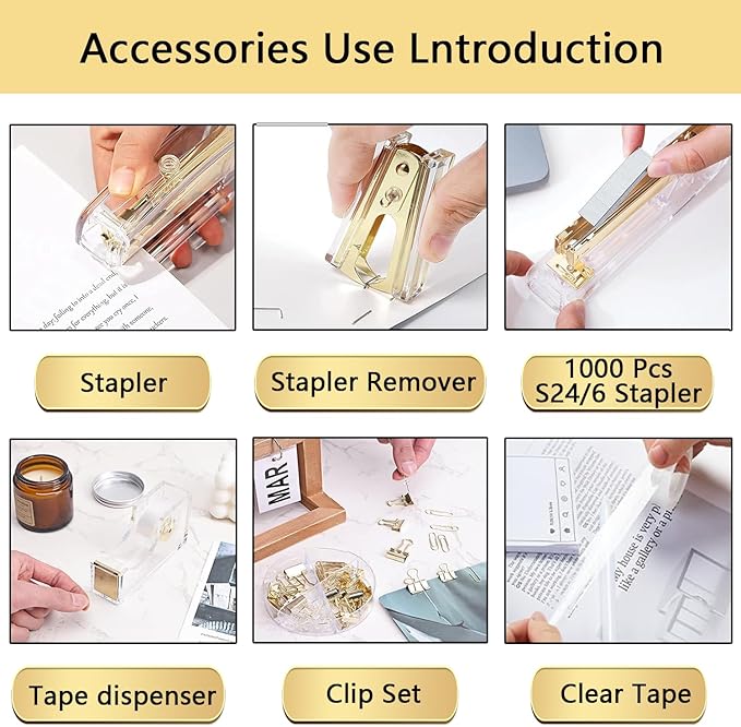 suniya Office Supplies,Desk Accessories,with Stapler,Tape Dispenser,Pen Holder Cup for Desk,Staple Remover,Scissor,Ballpoint Pen,Clear Tape, Staples,Phone Stand,Ruler,Binder,Best Gift Set(Gold)