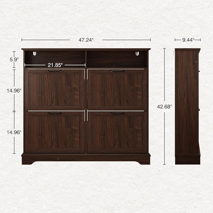 Shoe Storage Cabinet with 4 Flip Drawers, Farmhouse Modern Hidden Shoes Rack Cabinet with Adjustable Shelves & Open Storage, Narrow Slim Shoe Organizer for Front Door Entrance, Entryway, Walnut
