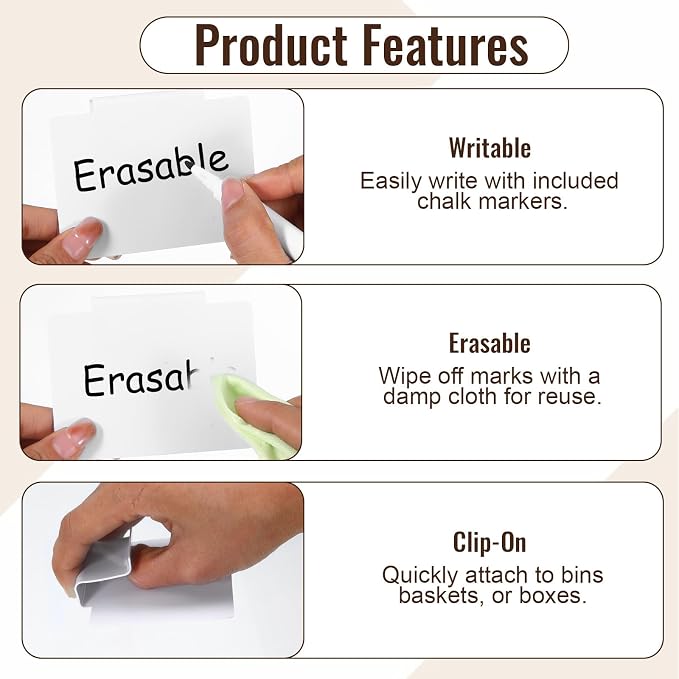 32Pcs Basket Labels Clip On Set - Include 30 Clip On Labels for Storage Bins with 2 Chalk Markers, PVC Removable Label Holders Basket Tags Label Clips for Kitchen Pantry Storage Bin (White)