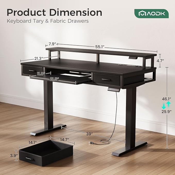 AODK 55 Inch Electric Standing Desk with Drawers & Keyboard Tray, Black | 3 Outlets & 2 USB Ports, 20-Mode LED Lights, Monitor Stand, Cable Management Tray, 3 Memory Heights, 29.9"-46.1" in Range