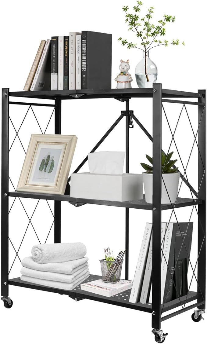 3-Tier Foldable Storage Shelf with Wheels, Heavy Duty Metal Collapsible Shelving Unit, No Assembly Rolling Organizer Rack for Kitchen Pantry Closet Office