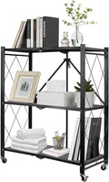 3-Tier Foldable Storage Shelf with Wheels, Heavy Duty Metal Collapsible Shelving Unit, No Assembly Rolling Organizer Rack for Kitchen Pantry Closet Office