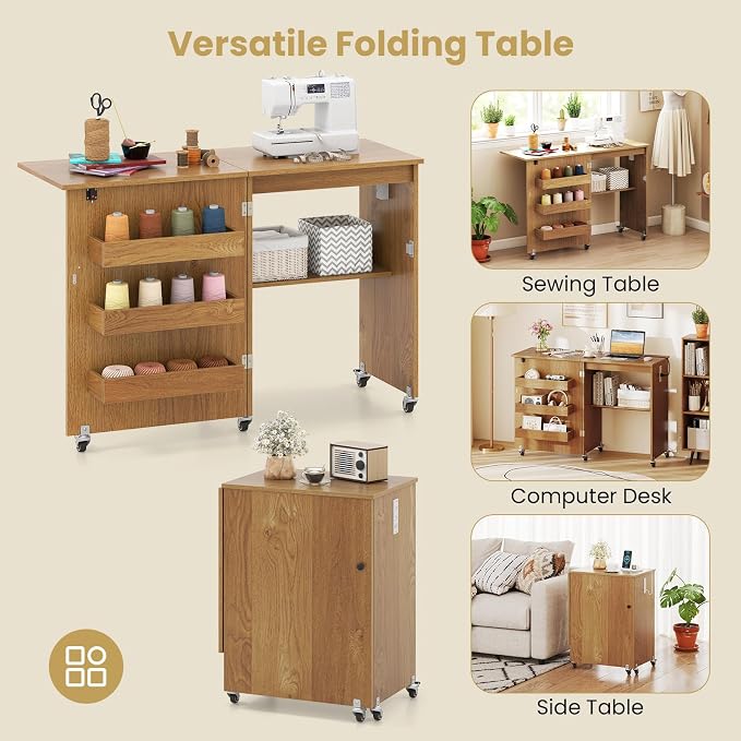 Giantex Folding Sewing Table with Charging Station, Storage Trays & Shelf | Rolling Craft Table with Lockable Wheels, Foldable Sewing Machine Cabinet Desk for Small Spaces, Dorms, Natural