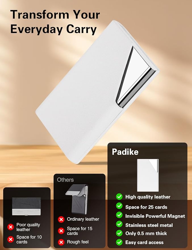 Padike Business Card Holder, Upgraded Leather Business Card Case Pocket Card Holders for Men or Women, Metal Slim Name Card Holder RFID Blocking Business Card Carrier with Magnetic Closure (Y-WH)