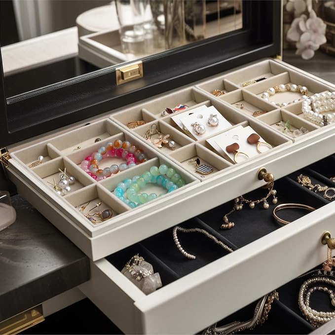 Highergo 8 Pcs Velvet Jewelry Trays Stackable Drawers Organizer Ring Earring Bracelet Necklace Storage Trays, 8.3x4.7x1''(6 Uneven Grids)