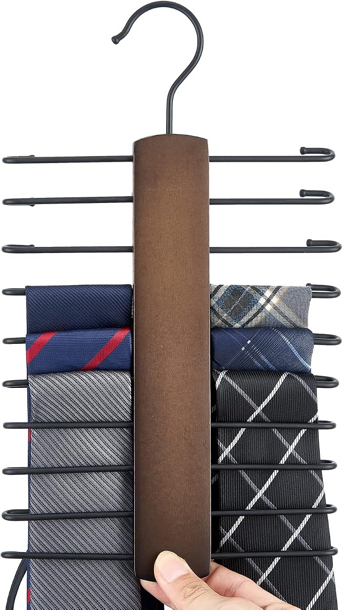 Mkono Wooden Tie Rack Retro Tie Belt Storage Hanger Organizer for Men Closet Space Saving Rack with 20 Non-Slip Hooks for Ties Belt Scarf Organize 360 Rotate Hanger Tie Display Holder, 1 Piece, Brown