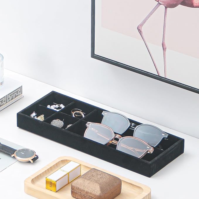Divided Drawer Organizer Tray, Velvet Jewelry Storage Tray, Necklace Bracelet Ring Earring Display Tray,Bedside Nightstand Desk Holder Tray for Phone Watch Sunglasses Cosmetics Storage/Black/6grid