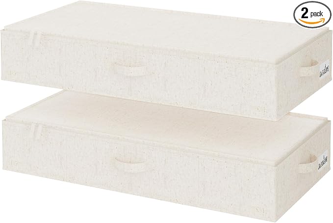 StorageWorks Underbed Storage Containers with Lids, 2-Pack 6" Low Profile Under Bed Organizers for Clothes, Bedding and Sweaters, 53L Large Fabric Storage Bins, Foldable Space Saving, Light Beige