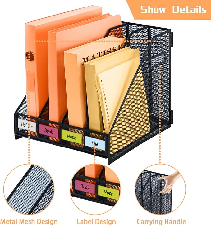 Desk File Organizer Metal Desk Magazine Folder With 4 Vertical Compartments Rack File Organizer For Office, Home, School, Black