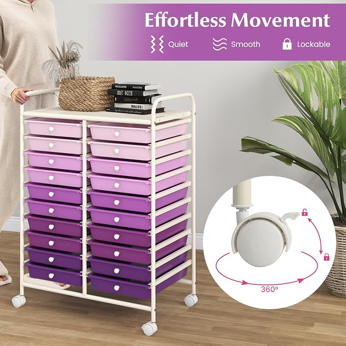 LDAILY 20-Drawer Rolling Storage Cart, Rolling Storage Cart, Storage Organizer on Wheels, Metal Frame, Scrapbook Paper Tools, Suitable for Office School, Classroom (Gradient Purple, 20 Drawer)